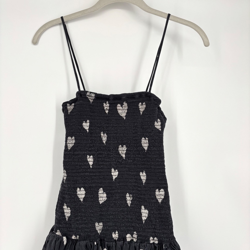 Autumn Adeigbo Winnie Dress Sz 0 Black White Heart Print Smocked‎ Midi Feminine - Picture 6 of 15